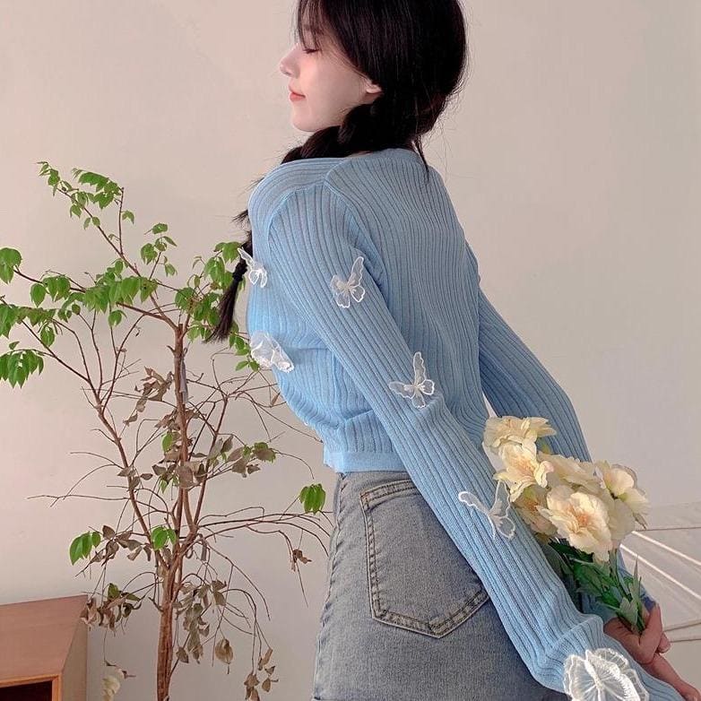Cute Sweet Butterfly Blue Knitted Shirt MK15925 - KawaiiMoriStore