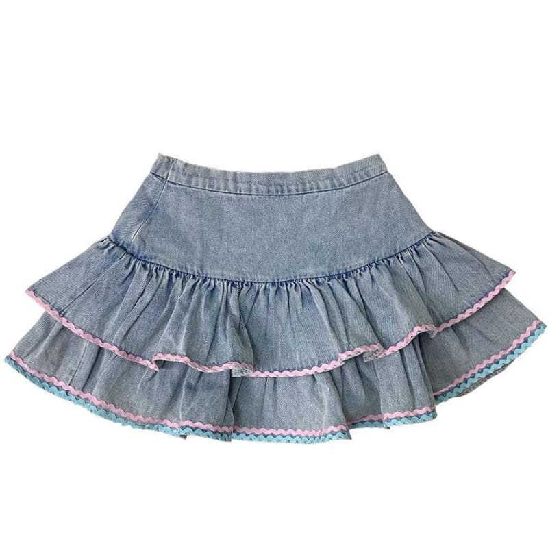 Cute Sweet Hot Girl Light Blue Mini High Waist Denim Puff Skirt MK15830 - KawaiiMoriStore