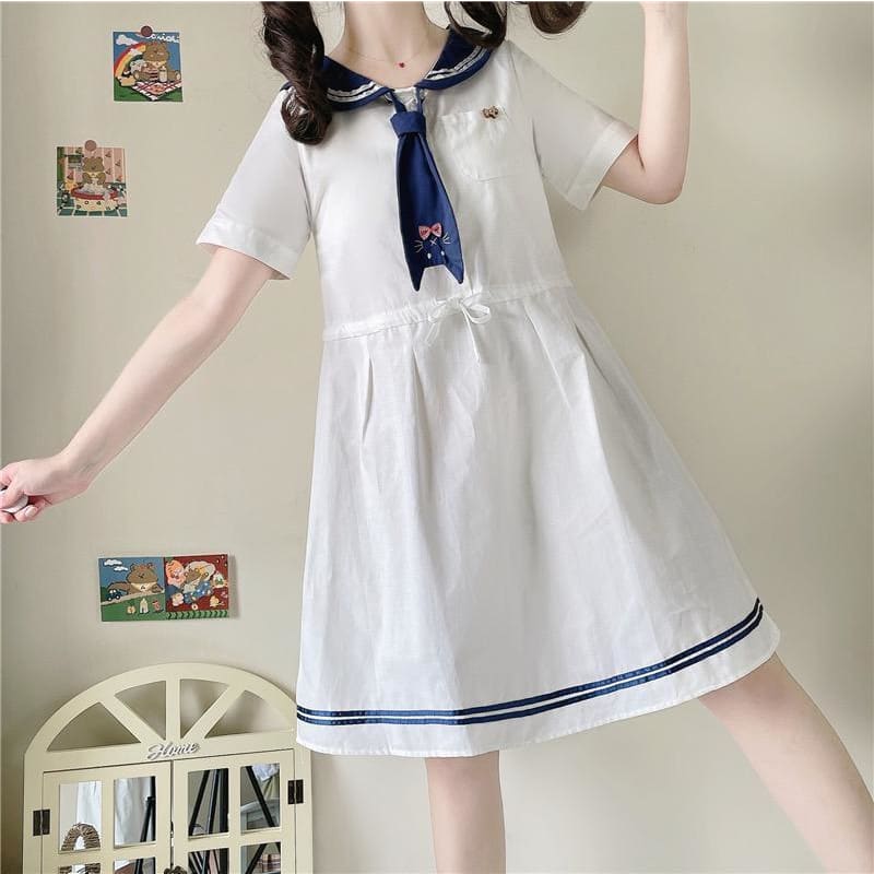 Cute White Sailor Kitty Dress MM1197 - KawaiiMoriStore