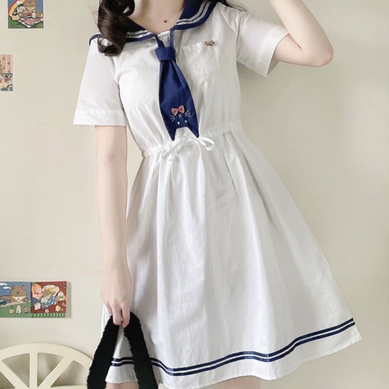 Cute White Sailor Kitty Dress MM1197 - KawaiiMoriStore
