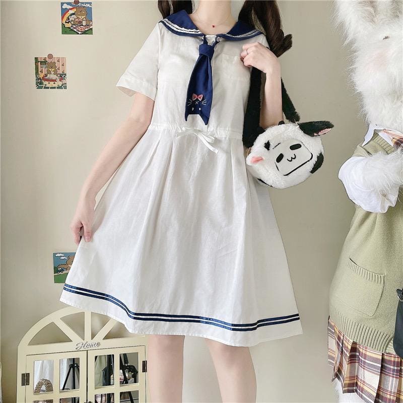 Cute White Sailor Kitty Dress MM1197 - KawaiiMoriStore