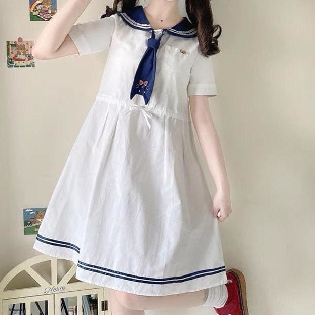 Cute White Sailor Kitty Dress MM1197 - KawaiiMoriStore