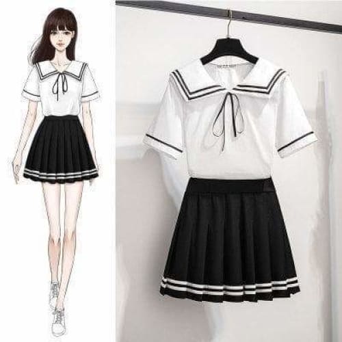 Cute White Sailor Top Black Skirt Sweet Kawaii Japanese 