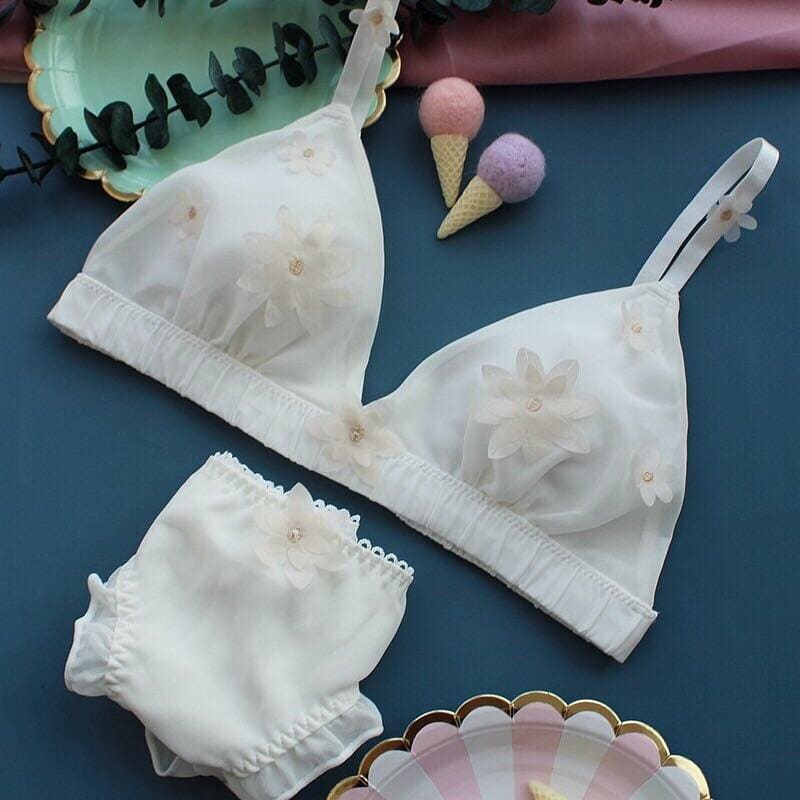 Cute White/Green/Pink 3D Flower Decorated Fairy Lolita Lingerie Set MM1177 - KawaiiMoriStore