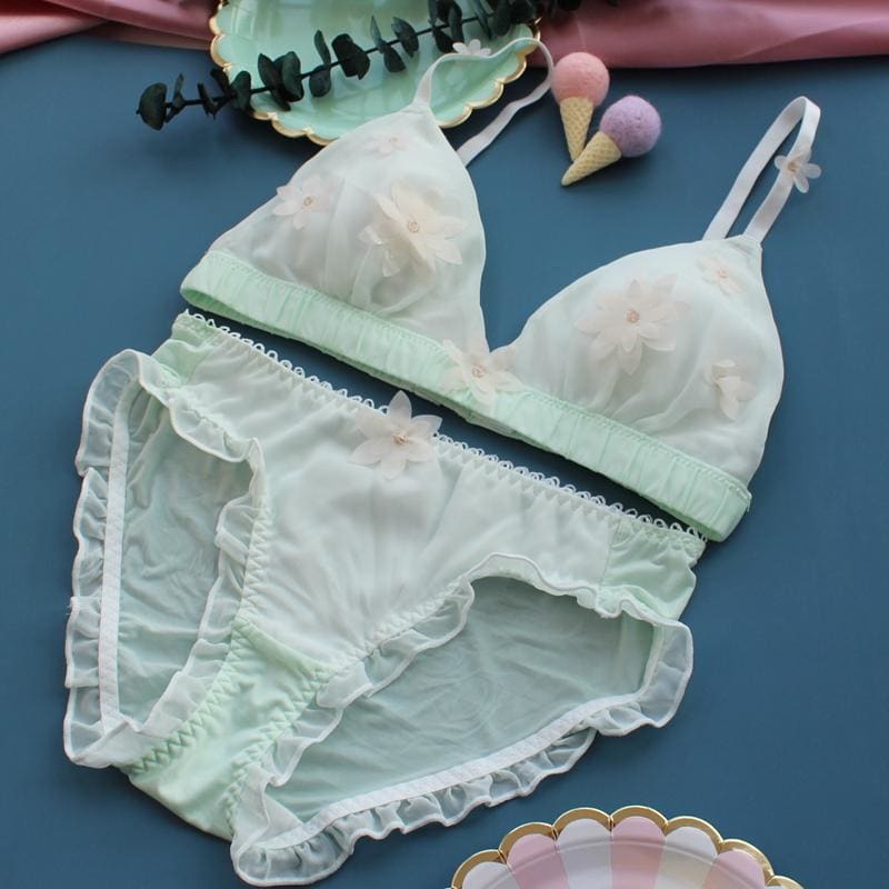 Cute White/Green/Pink 3D Flower Decorated Fairy Lolita Lingerie Set MM1177 - KawaiiMoriStore