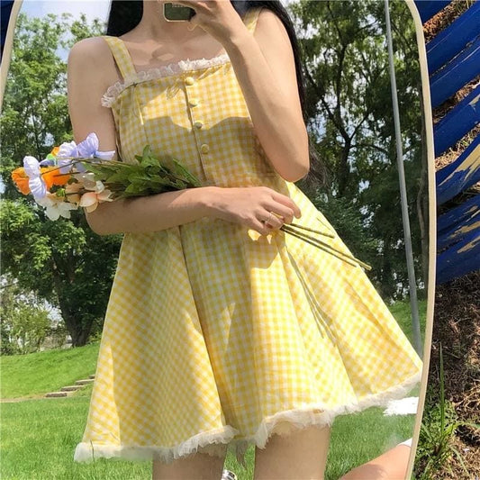 Cute Yellow Plaid Dolly Dress MK16033 - KawaiiMoriStore