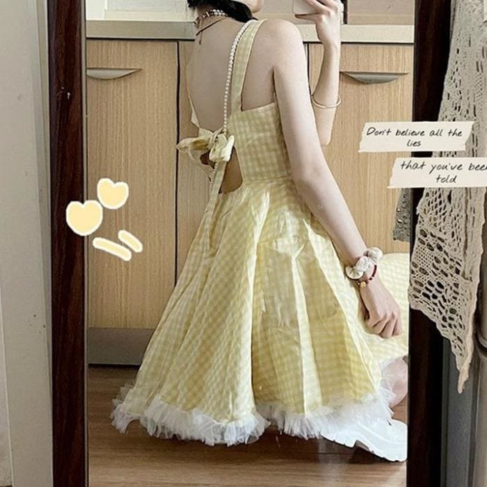 Cute Yellow Plaid Dolly Dress MK16033 - KawaiiMoriStore