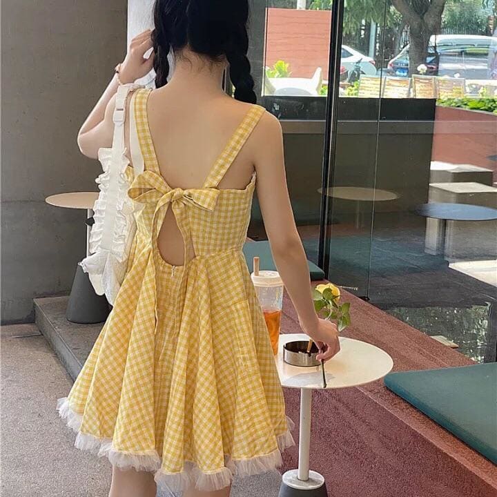 Cute Yellow Plaid Dolly Dress MK16033 - KawaiiMoriStore