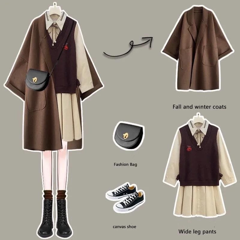 Dark Academia Set Brown Coat Vest Cream Shirt and Skirt  MK15905 - KawaiiMoriStore