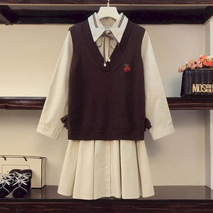 Dark Academia Set Brown Coat Vest Cream Shirt and Skirt  MK15905 - KawaiiMoriStore