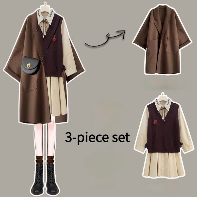 Dark Academia Set Brown Coat Vest Cream Shirt and Skirt  MK15905 - KawaiiMoriStore