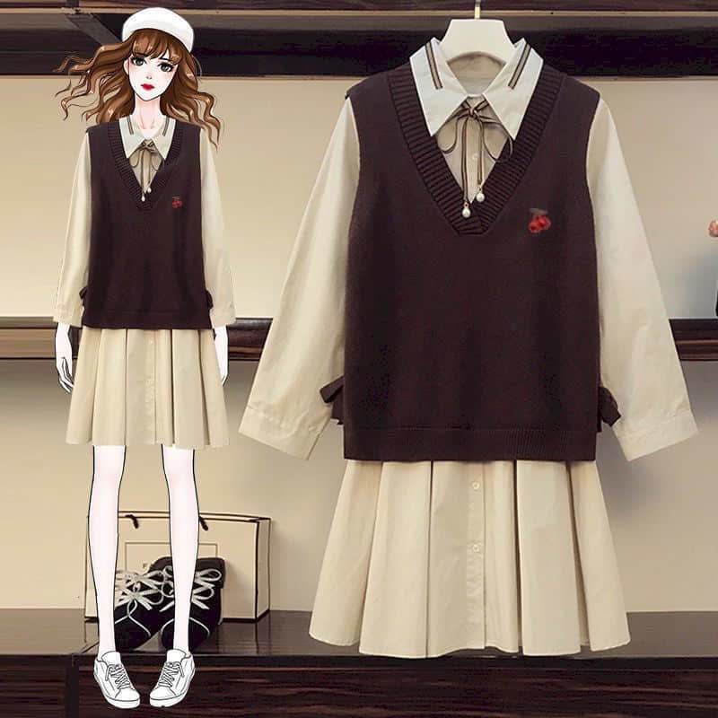 Dark Academia Set Brown Coat Vest Cream Shirt and Skirt  MK15905 - KawaiiMoriStore