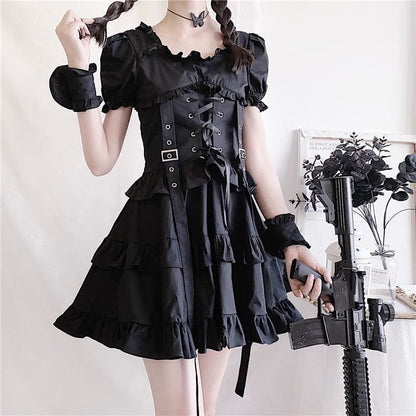 Dark Black Gothic Lolita Dress MK15278 - KawaiiMoriStore