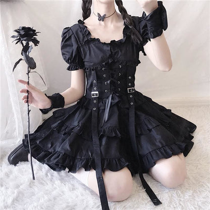 Dark Black Gothic Lolita Dress MK15278 - KawaiiMoriStore