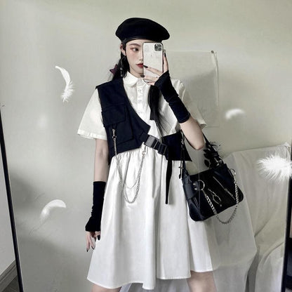 Dark Gothic Short Sleeve Blouse Dress + Work Clothes Vest Two Piece Set MK15237 - KawaiiMoriStore