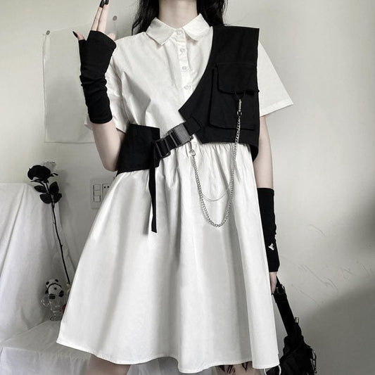 Dark Gothic Short Sleeve Blouse Dress + Work Clothes Vest Two Piece Set MK15237 - KawaiiMoriStore