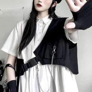 Dark Gothic Short Sleeve Blouse Dress + Work Clothes Vest Two Piece Set MK15237 - KawaiiMoriStore