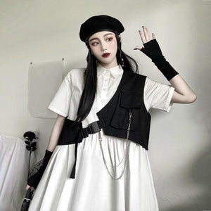 Dark Gothic Short Sleeve Blouse Dress + Work Clothes Vest Two Piece Set MK15237 - KawaiiMoriStore