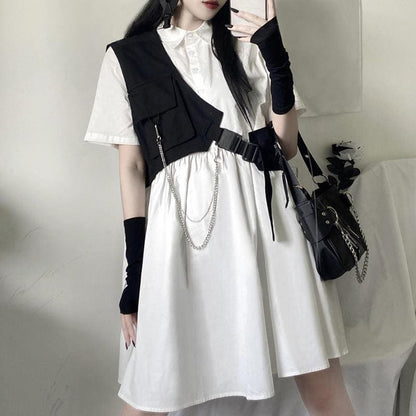 Dark Gothic Short Sleeve Blouse Dress + Work Clothes Vest Two Piece Set MK15237 - KawaiiMoriStore