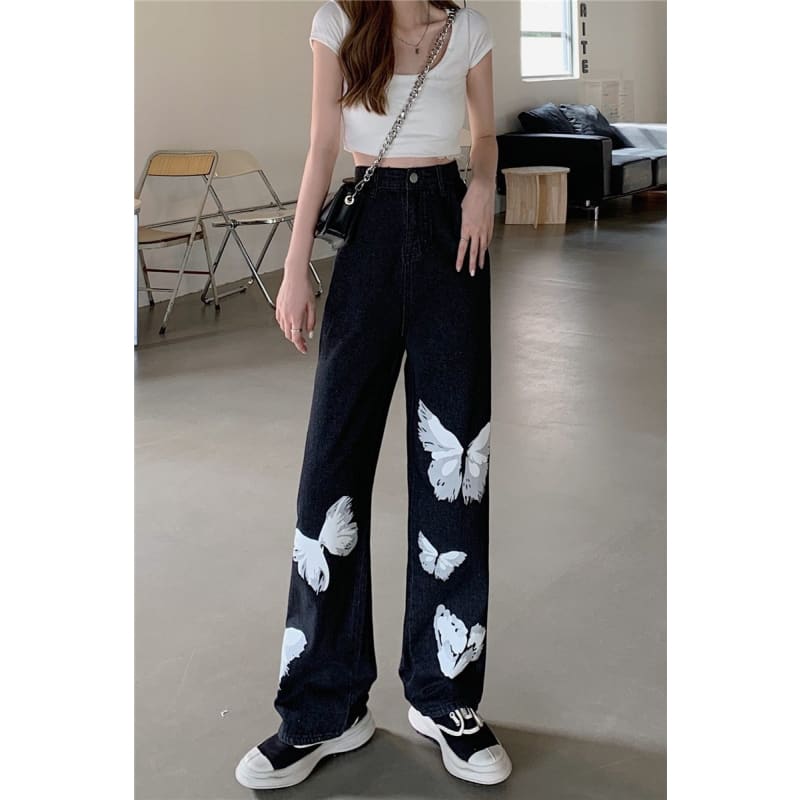 Dark streetwear High Waist Trendy Straight Tube Jeans - 