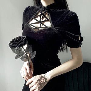 Dark Vintage Hollowed-out Lace-up Dress MK15203 - KawaiiMoriStore