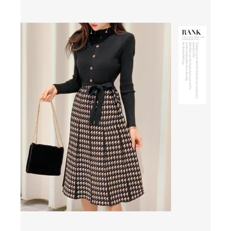 Darling - Autumn Knitted Lace-Up Bow Patchwork Dress - Dress