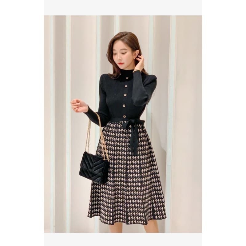 Darling - Autumn Knitted Lace-Up Bow Patchwork Dress - Dress