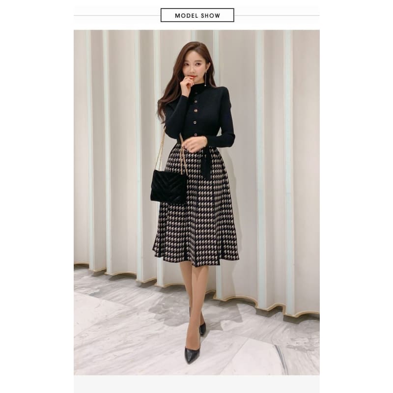 Darling - Autumn Knitted Lace-Up Bow Patchwork Dress - Dress