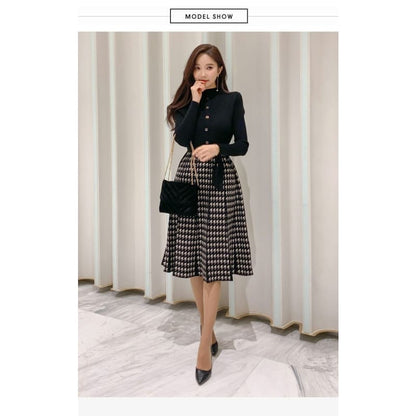 Darling - Autumn Knitted Lace-Up Bow Patchwork Dress - Dress