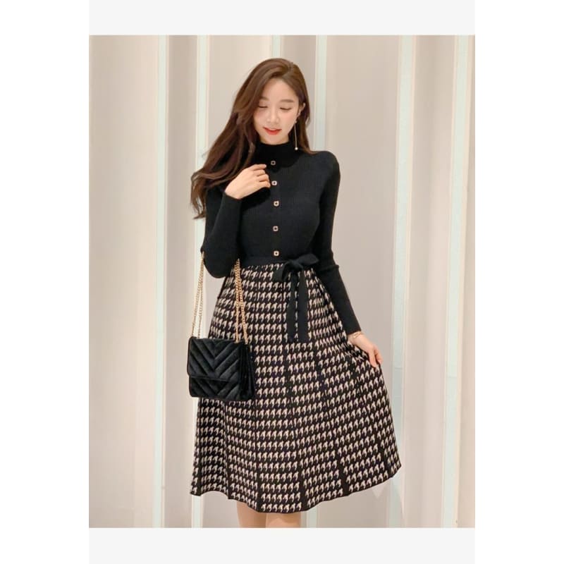 Darling - Autumn Knitted Lace-Up Bow Patchwork Dress - Dress