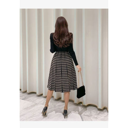 Darling - Autumn Knitted Lace-Up Bow Patchwork Dress - Dress