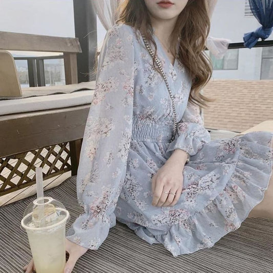 Date Wear Sweet Girls Long Sleeve Ruffled Floral Chiffon Dress MK15735 - KawaiiMoriStore