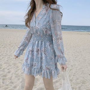 Date Wear Sweet Girls Long Sleeve Ruffled Floral Chiffon Dress MK15735 - KawaiiMoriStore