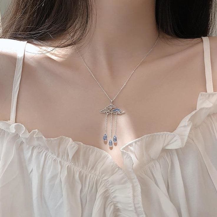 Delicate Tassel Epoxy Cloud Raindrops Pendant Necklace Clavicle Chain MK15672 - KawaiiMoriStore