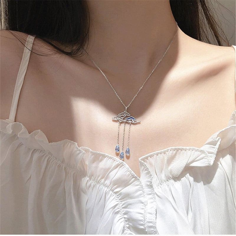 Delicate Tassel Epoxy Cloud Raindrops Pendant Necklace Clavicle Chain MK15672 - KawaiiMoriStore