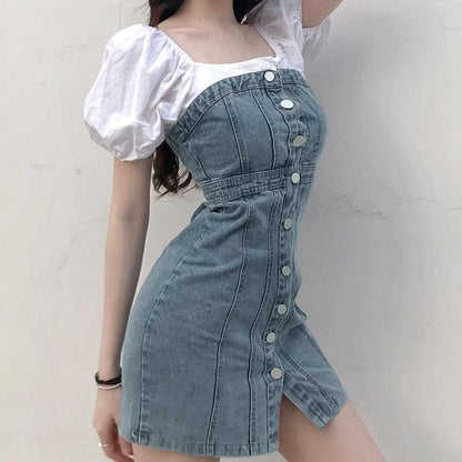 Denim Button-up Bodycon Tube Dress MM1247 - KawaiiMoriStore