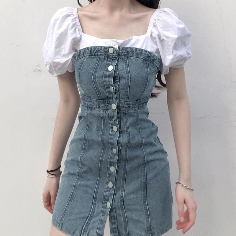 Denim Button-up Bodycon Tube Dress MM1247 - KawaiiMoriStore