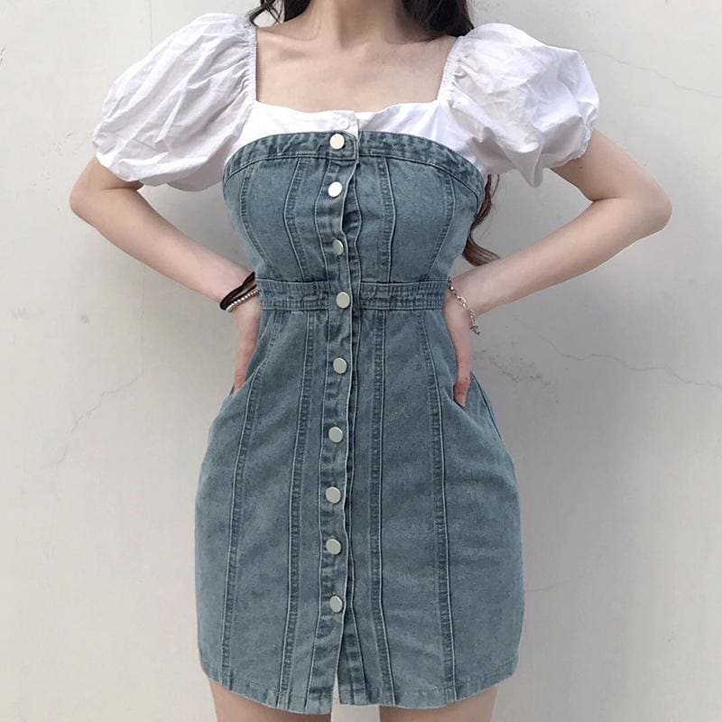 Denim Button-up Bodycon Tube Dress MM1247 - KawaiiMoriStore