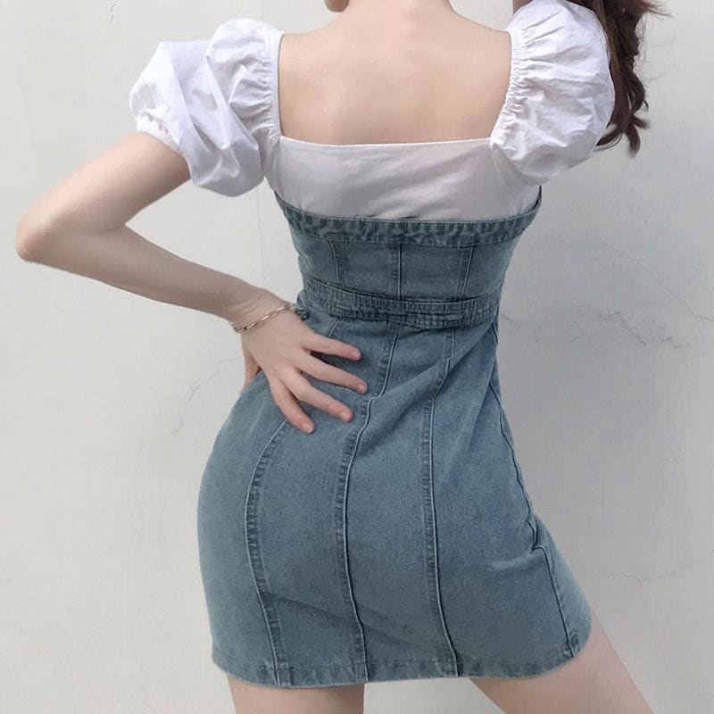 Denim Button-up Bodycon Tube Dress MM1247 - KawaiiMoriStore