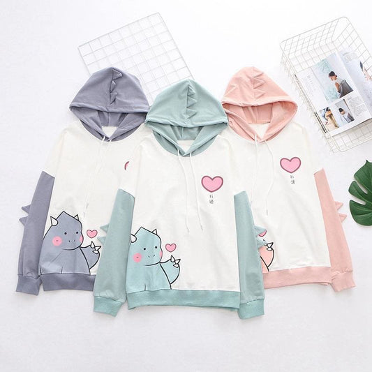 Dinosaur Love Heart Print Color Block Hoodie MK15365 - KawaiiMoriStore