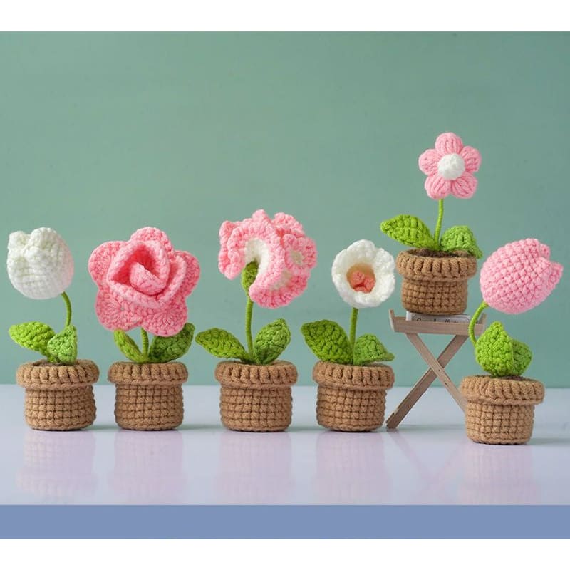 DIY Mini Woolen Flower Tulip Bouquets Potted - Pink - DIY