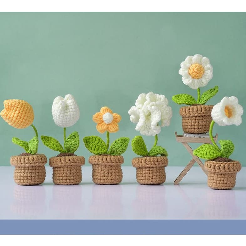 DIY Mini Woolen Flower Tulip Bouquets Potted - White - DIY