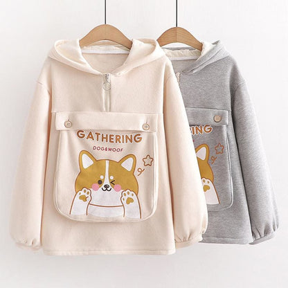 Dog Letter Print Ears Pocket Zipper Sweatshirt MK15557 - KawaiiMoriStore