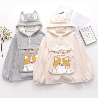 Dog Letter Print Ears Pocket Zipper Sweatshirt MK15557 - KawaiiMoriStore