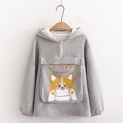 Dog Letter Print Ears Pocket Zipper Sweatshirt MK15557 - KawaiiMoriStore