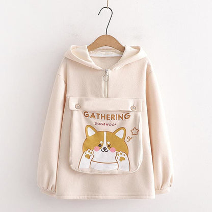 Dog Letter Print Ears Pocket Zipper Sweatshirt MK15557 - KawaiiMoriStore