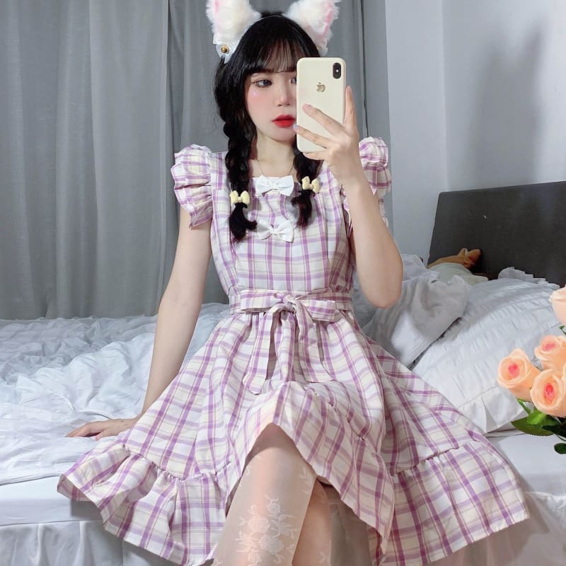 Dolly Kawaii Princess Jfashion Purple Plaid Ruffle Dress - 