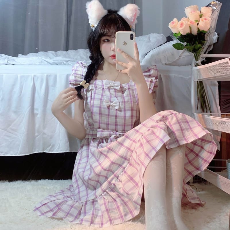 Dolly Kawaii Princess Jfashion Purple Plaid Ruffle Dress - 