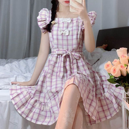 Dolly Kawaii Princess Jfashion Purple Plaid Ruffle Dress - 