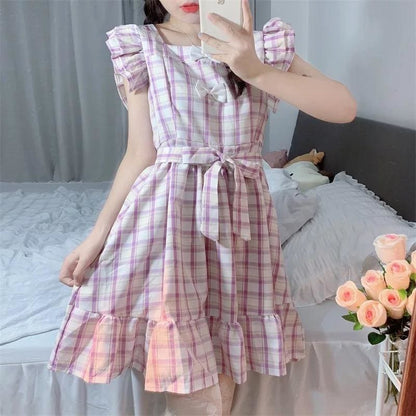 Dolly Kawaii Princess Jfashion Purple Plaid Ruffle Dress - 